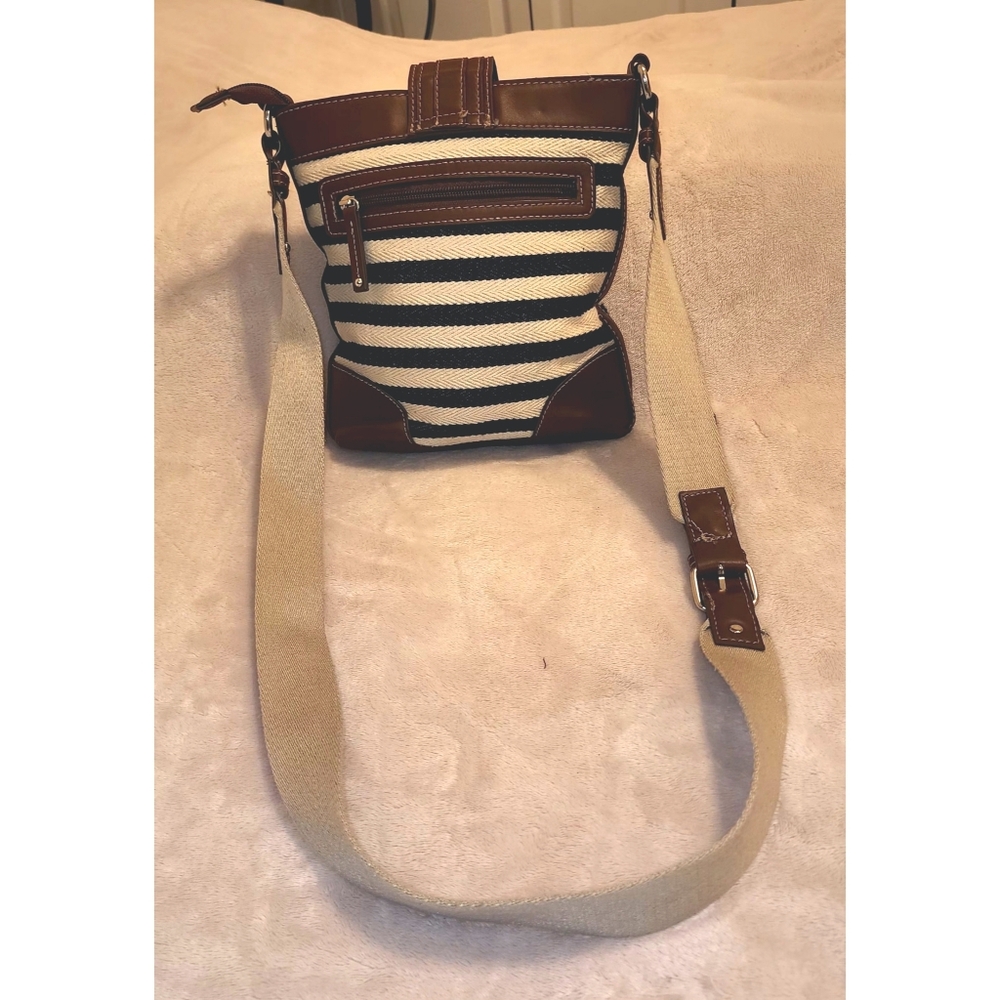 Chaps Crossbody Bag Navy & Cream Stripes W/ Brown Vegan Leather Trim